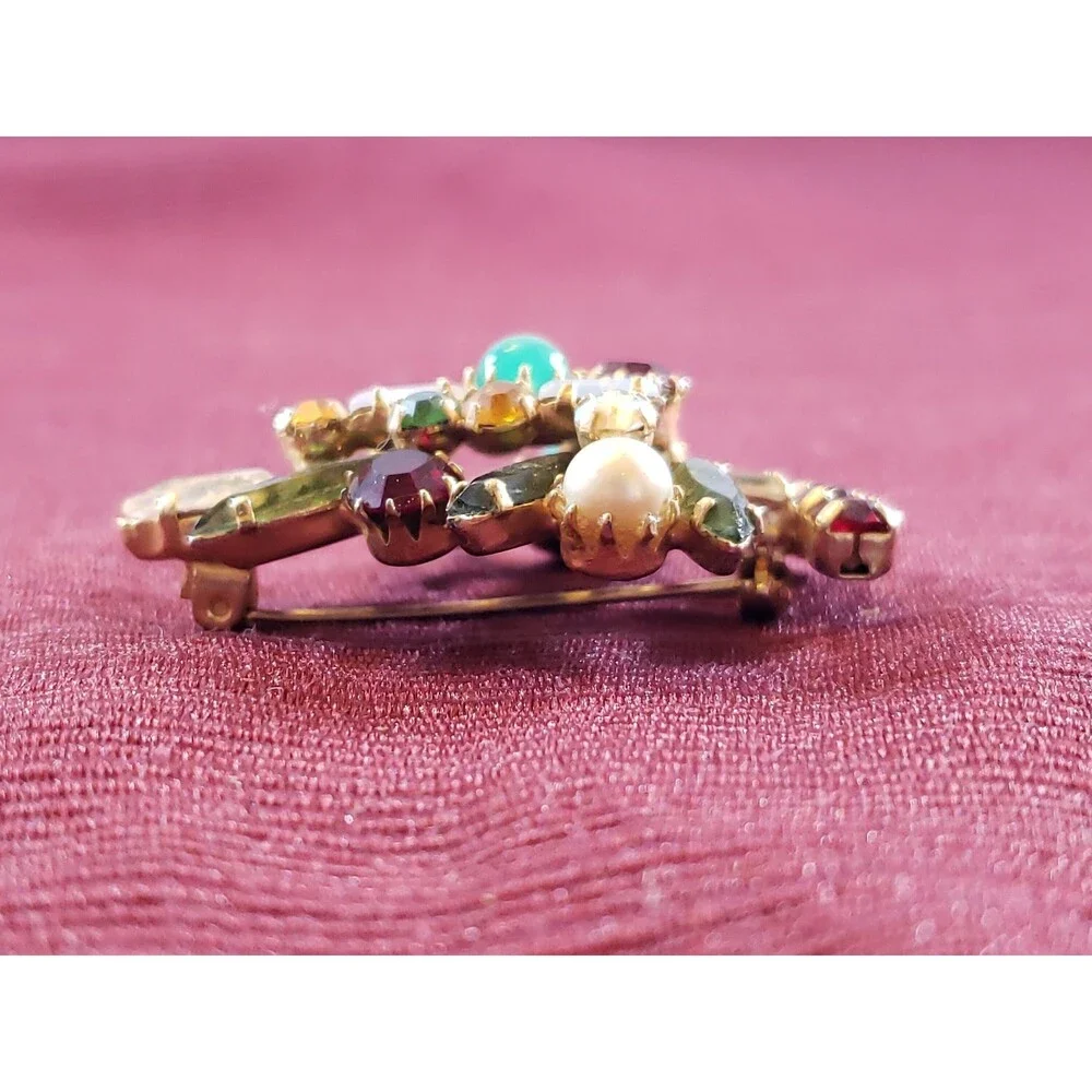Vintage Unsigned Multi Colored Faux Pearl, Rhinestone, Bead Tree Pin/Brooch